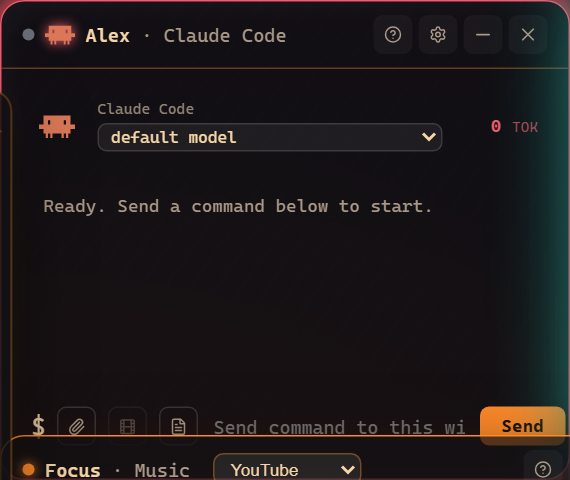 An agent window ready for a command, with model picker and token meter