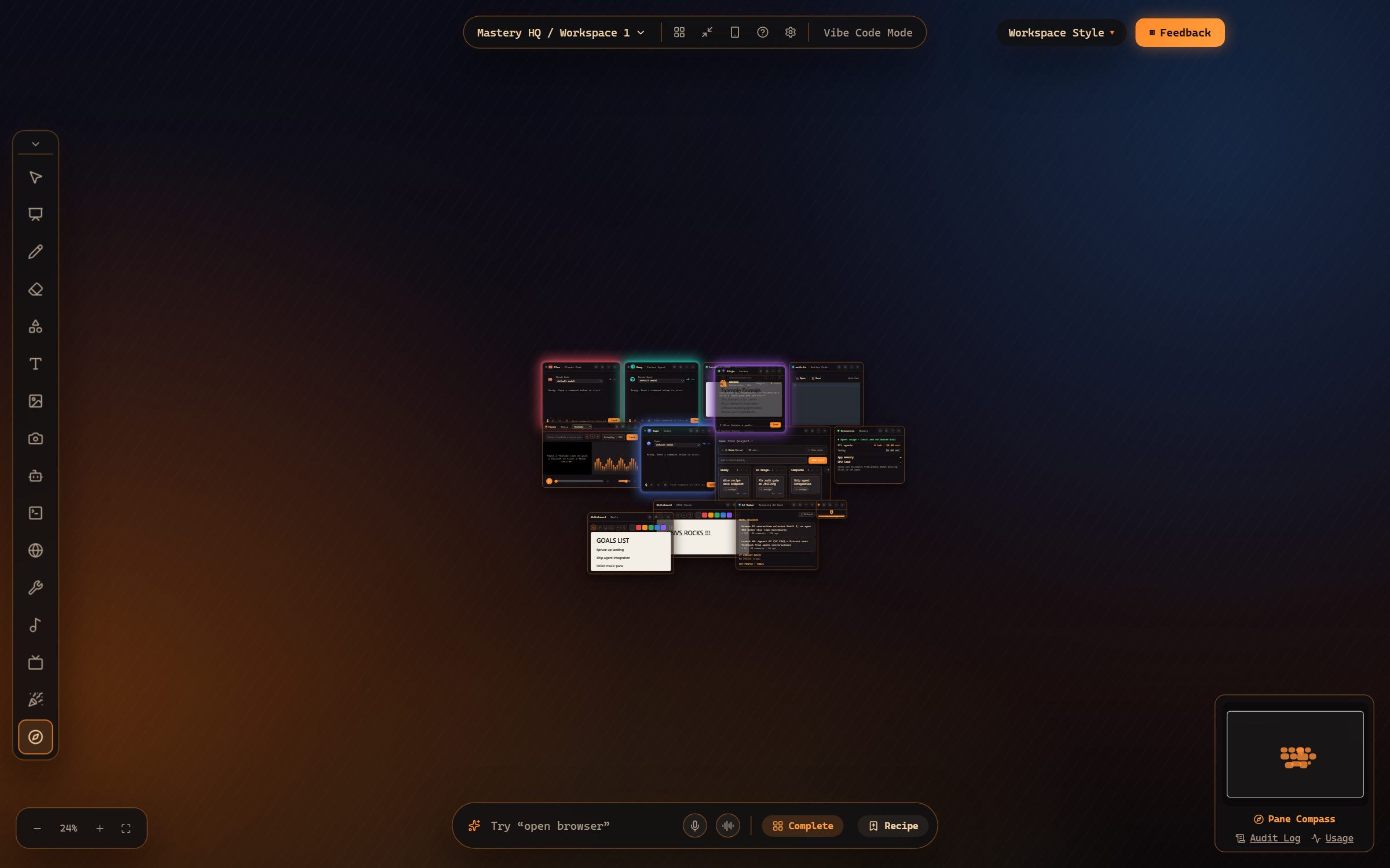 The canvas zoomed out: every window visible at once