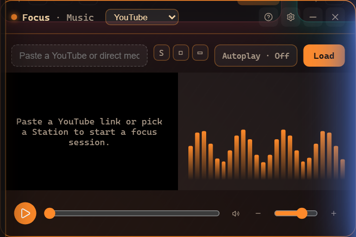 The Focus Music player: media on the left, visualizer and controls on the right