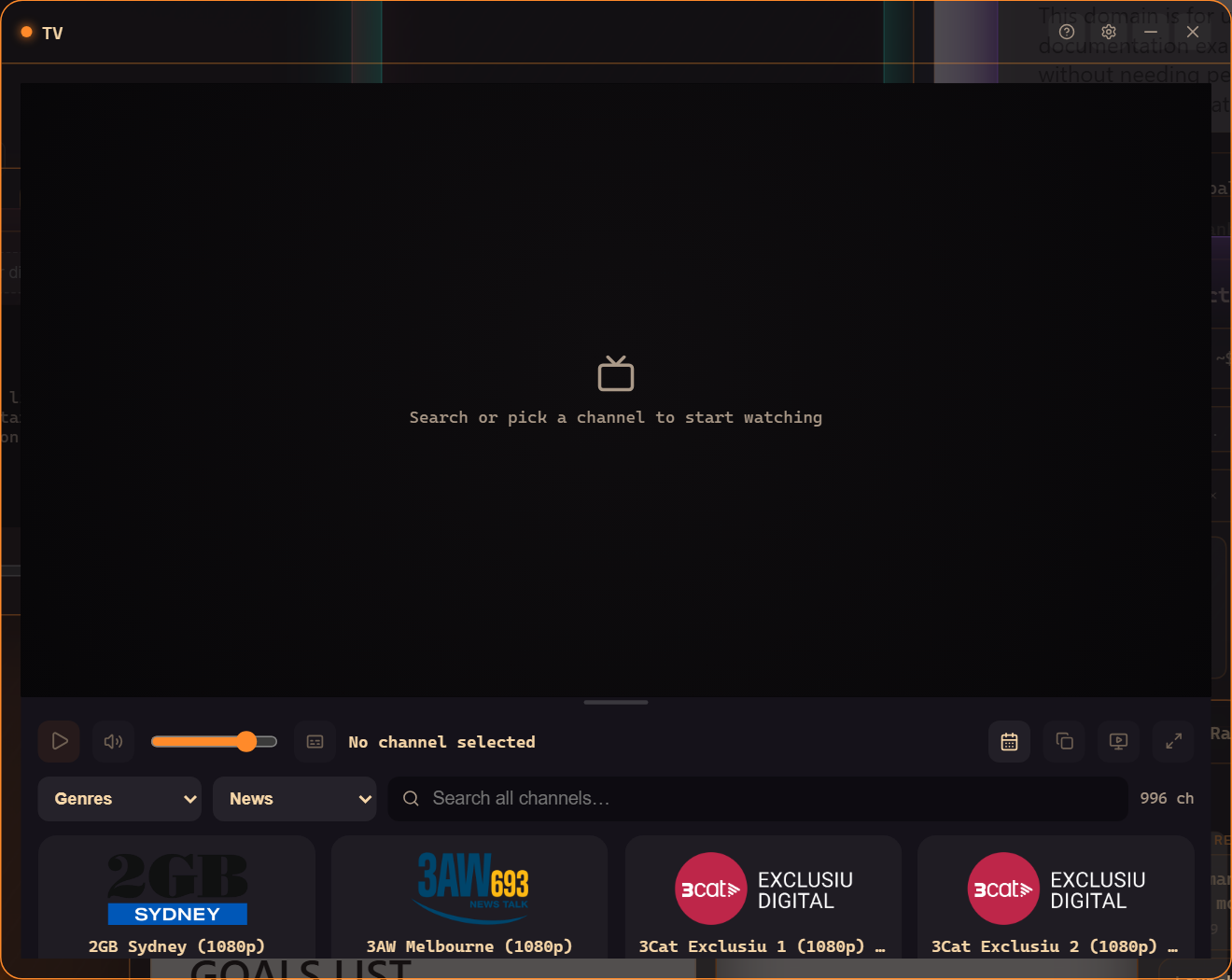 The TV pane: hundreds of live channels with genre and country filters
